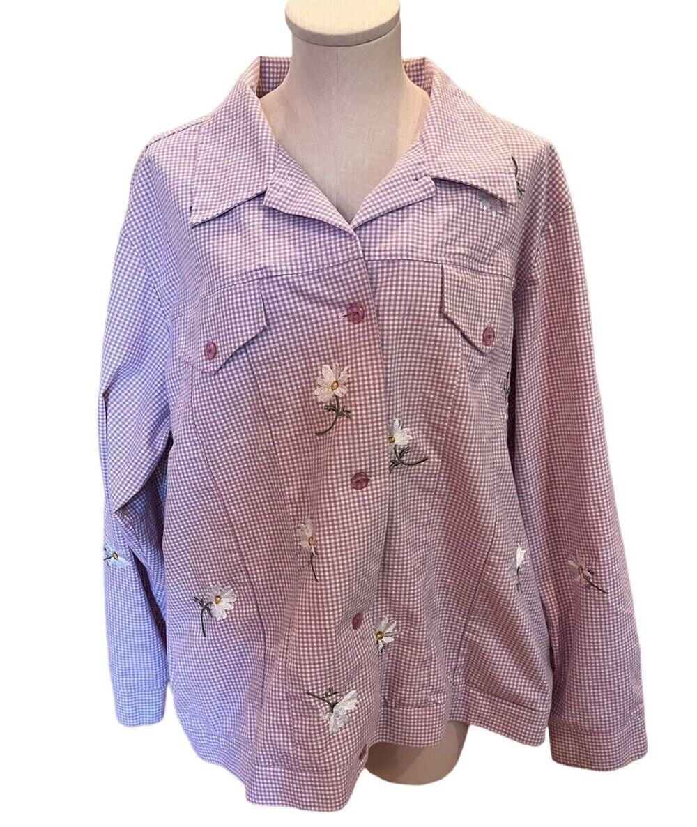 Quacker Factory Sz 1X Gingham Daisies Purple Plaid Embroidered Check Jacket